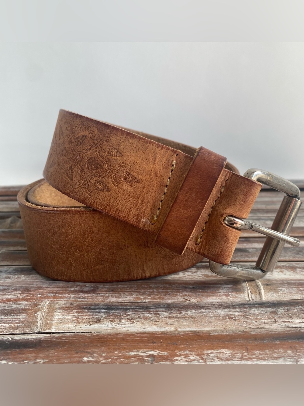 Vintage brown leather made in India tooled design silver buckle boho fall style